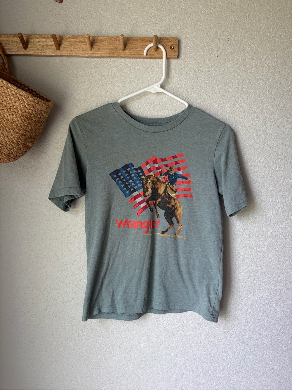 Wrangler Blue Green Graphic Tee American Flag Rodeo Print